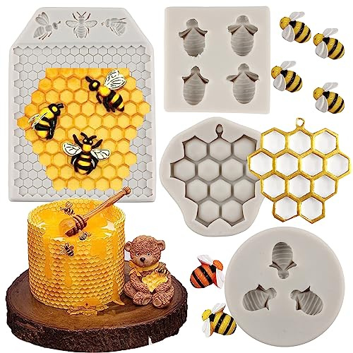 MYPRACS 4 Stück Wabenbienen Silikon Fondant Form Hummel Silikonform | Bienenstock Süßigkeiten Formen für Cupcake Topper Kuchen Dekorieren Schokolade Süßigkeiten Polymer Clay Gum Paste