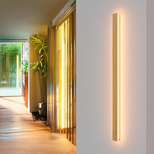 AOLED LED Wandleuchte Holz Innen 115cm, 35W Bambus Wandlampe Modern Minimalistisch, 3000K Warmweiß, Längliche Flurlampe Treppenlicht für Wohnzimmer, Schlafzimmer, Flur & Balkon