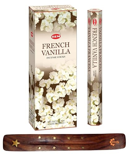 HEM Räucherstäbchen, französische Vanille, volle Box, 6 Stück, mit DHS Räucherstäbchenhalter für Yoga, Meditation, Heilung, Spiritualität, Aromatherapie, Weihrauch-Spa und Entspannung
