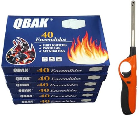 6 Cajas 240 Pastillas de Encendido para Barbacoas, Chimenea, Estufas, Hornos. Pastilla para encender Carbon. Incluye Mechero Largo de Cocina