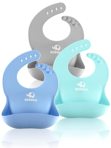 BEBOAN Baberos de silicona para bebés, 3 unidades, impermeables (4-60 meses), baberos para bebés y niños pequeños, de secado rápido, material apto para alimentos, unisex (azul/verde claro/gris)