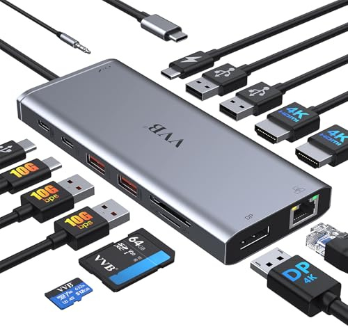 USB C Laptop Docking Station Dual Monitor HDMI for Dell/Lenovo/HP Laptop 14 in 1 USB C Hub Multiport Adapter Dongle Dock USB C to 2 HDMI 4K+DisplayPort+Ethernet+4USB+2USB C+100W PD Charger+SD/TF+Audio