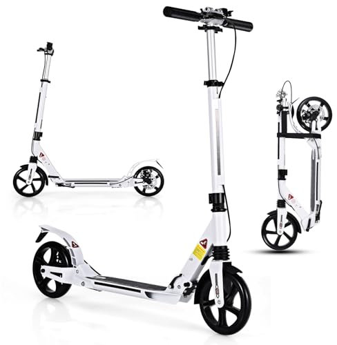 KOMFOTTEU Tretroller klappbar & höhenverstellbar, Scooter mit PU-Räder & Kingel, Kickscooter Cityroller inkl. Ständer & Traggurt, Roller für Kinder Erwachense bis 100kg (Weiß)