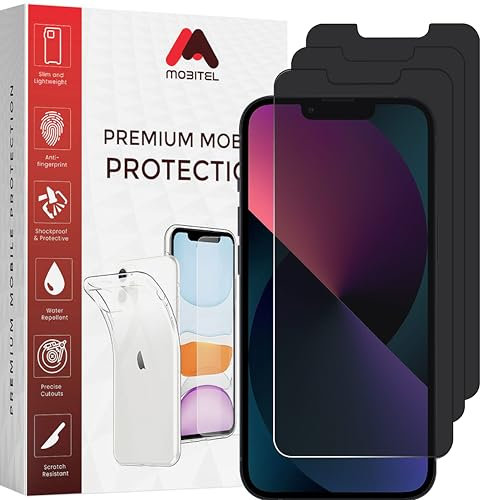 Mobitel 3-Pack Anti-Spy Privacy Screen Protector, 9H Tempered Glass, Anti-Scratch, Anti-Water, Case Friendly (iPhone 13, iPhone 13 Pro, iPhone 14)