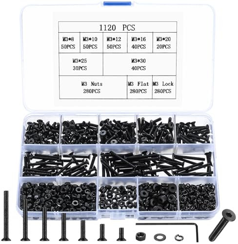 1120 Pcs M3 Vis Boulons et Écrous, Boulons Vis à Tête Fraisée, Vis à Six Pans Creux Hexagonale Assortiment Kit, Vis à Tête à Six Pans, Vis Boulons à Tête Plate de Fixations pour Meubles Garage
