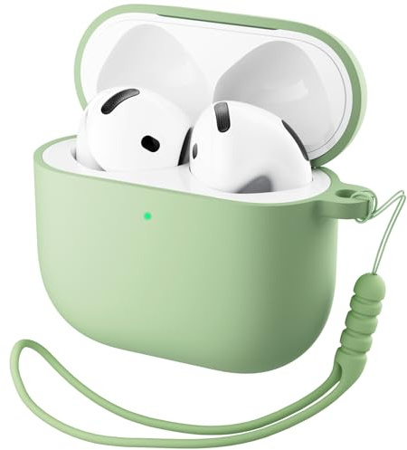 ORNARTO Funda para Airpods 4.ª Generación,Silicona Case Compatible con AirPods 4 (2024) (USB-C),Protectora de Cuerpo Completo con Cordón y LED Frontal Visible,Verde Claro