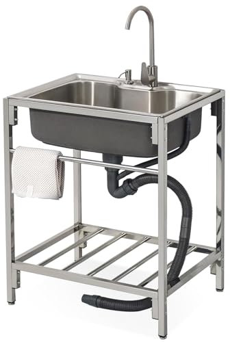 Küchenspüle, Edelstahlspüle mit Ablagefläche und Warm- und Kaltwasserhahn für Restaurant, Küche, Waschküche, Badezimmer, Bauernhaus, Terrasse, 72 x 52 x 85 cm