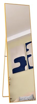 NLDGR Specchio da pavimento minimalista, con supporto, con cornice e vetro temperato, per pavimento, tutto il corpo, per camera da letto (oro, 140 x 40 cm)