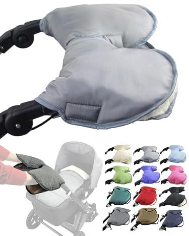 BambiniWelt Handmuff Kinderwagen – Handwärmer mit 70% Lammwolle, wasserfest & winddicht, 2-teilig für Buggy, Kinderwagen & Radanhänger, kuschelig & pflegeleicht, Farbe: uni hellgrau