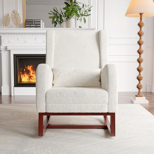 Marooma Schaukelstuhl aus Wolle mit Fußstütze, gepolsterter Schaukelstuhl, bequem, Lesesessel mit zwei Seitentaschen, Stillstuhl für Wohnzimmer (beige)