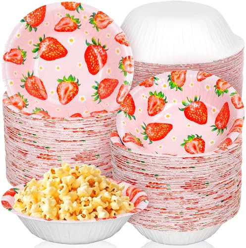 FYSUIMU 100Pcs 12oz Strawberry Paper Bowls Watercolor Summer Fruit Flower Disposable Serving Bowl Red Pink Round Ice Cream Bowl for Home Birthday Wedding Party Supplies