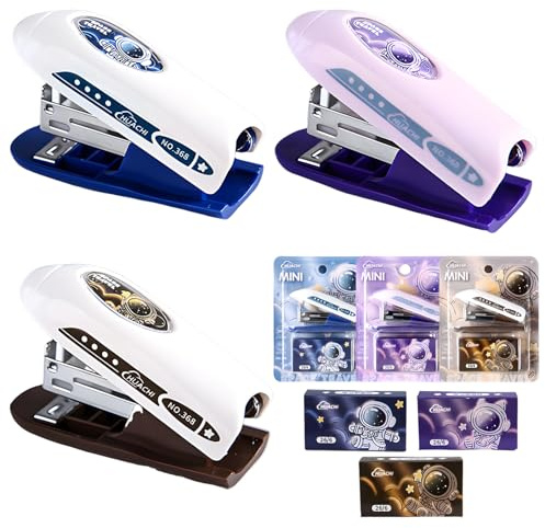 Small Portable Stapler with 400 Standard 26/6 Staples, 3 Pack Mini Cute Manual Table Stapler, 2-20 Sheet Capacity for Schools Workplaces Families (Brown+Purple+Blue)
