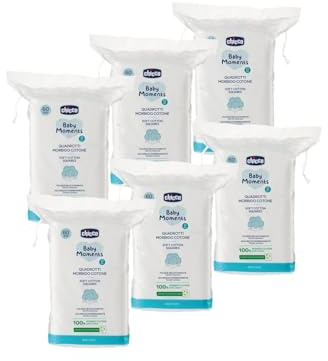 Chicco Baby Moments Quadrotti in Cotone Morbido, 360 Pezzi, 100% Cotone Puro, Multipack 6x60, Pacco scorta