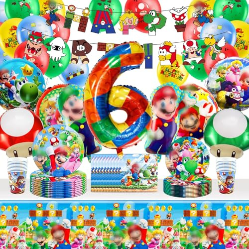 6 Jahre alt Geburtstagsdeko Partygeschirr Set - 81 Stück Pappteller Kindergeburtstag Cartoon Partygeschirr, Party Tableware Supplies Kit mit Banner Luftballons Tortendeko Servietten Teller für Kinder