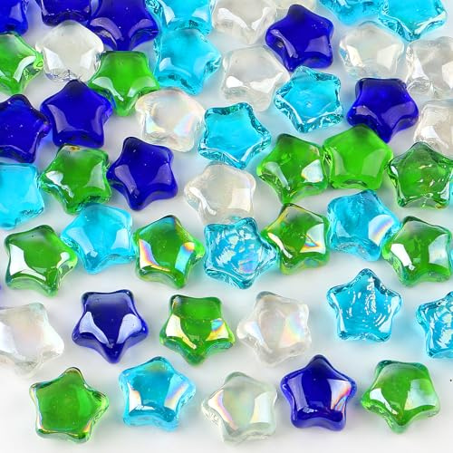 Glass Pebbles 900g (about 54 pcs) Irregular Decorative Stones Mancala Gems Sky Blue Green Blue Transparent 15mm Flat Stone Glass Beads for Aquariums Gardens Crafts & Vase Decoration
