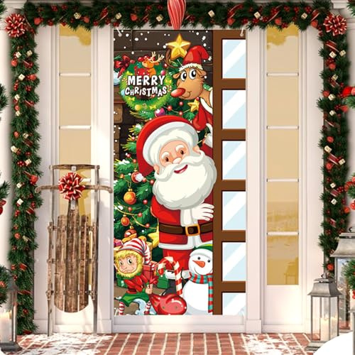 yivom Weihnachten Tür Abdeckung Dekoration 90x185 cm Tür Abdeckung Weihnachten mit Weihnachtsmann & Elch, Hängebanner für die Weihnachtstürabdeckung, Türdeko Weihnachten für Haus, Haustür, Veranda