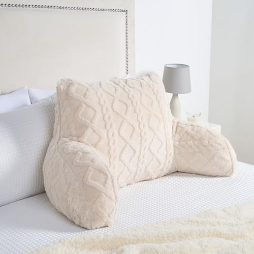 OHS Reading Pillow for Bed Sofa, Cable Knit Design Cuddle Cushion for Sitting Up in Bed Super Soft Cosy Back Support Cushion with Arms Adult Cuddle Pillow, Cream