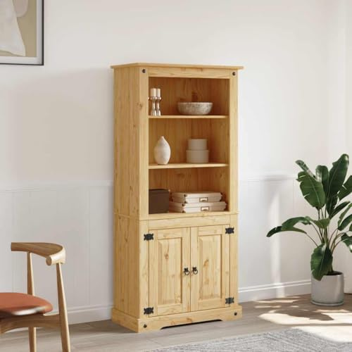 QJBSAVVA Buffetschrank Mexiko-Stil aus massivem Kiefernholz 80 x 40 x 170 cm Rustikaler Schrank mit 3 Regalen und Schrankfach für Wohnzimmer oder Esszimmer