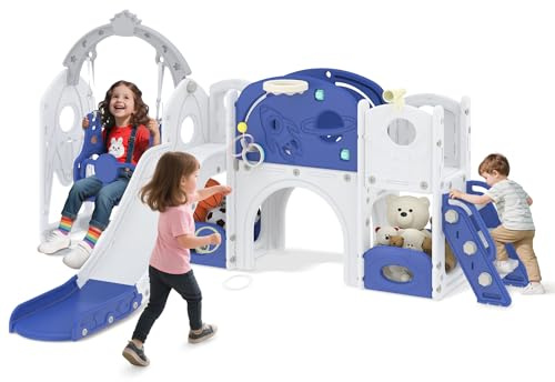 XMTECH Tobogán infantil 9 en 1 para niños de 1 a 3 años, tobogán con columpio, canasta de baloncesto, túnel y telescopio de juego, parque infantil para interiores y exteriores, escalera, dispositivo