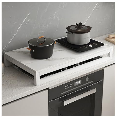 tapa encimera gas Cubierta para placa de gas con efecto piedra, soporte para cocina de inducción de doble quemador, cubierta para encimera de cocina, estante(White)