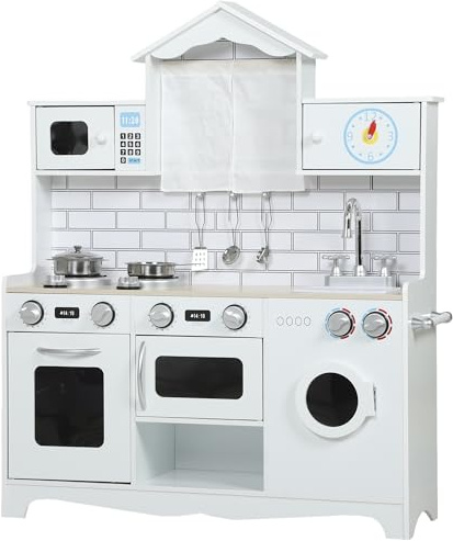 AIYAPLAY Cucina Giocattolo per Bambini da 3-6 Anni, Cucina in Legno con Set di Accessori in Acciaio e Armadietti, Lavandino, Manopole con Suoni e Forno, Bianco