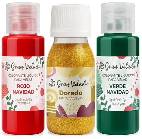 Gran Velada – Pack Colores de Navidad para Velas | 2 Colorantes líquidos 30 ml Rojo y Verde + Pintura dorada 60 ml | Pigmentos y pintura decorativa para velas DIY navideñas