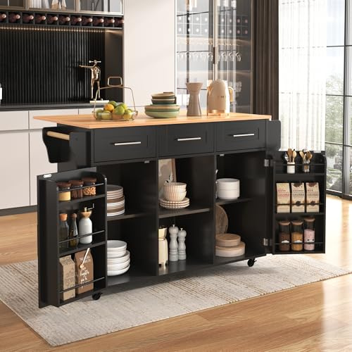 Juabett Küchenwagen mit 5 Rollen, Servierwagen Küche, Kücheninsel mit erweiterbarer Arbeitsplatte, Küchentrolley mit Schubladen, Esswagen Beistellwagen Schwarz+Natural, 139x46(71) x91,5cm