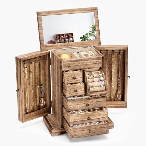 Emfogoo Schmuckkästchen 6 Ebenen, Schmuckaufbewahrung, Rustikales Holz Schmuckkasten 6 Schubladen mit Spiegel, Schmuck Organizer für Ringe, Ohrringe, Halsketten, Armbänder (Rustikal Braun)