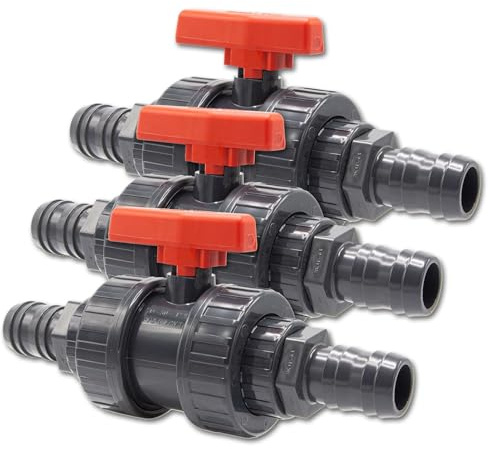 Baumaxxe 3x PVC Kugelhahn mit Schlauchtüllen 32mm I Pool Absperrhahn 2 Wege mit Innengewinde 1 Zoll und Schlauchverbinder I Absperrventil für 32mm Poolschläuche I bm270