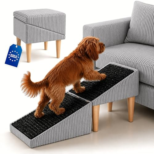 Outentin Hundetreppe klappbar – Hunderampe für Sofa & Bett, 36 cm hoch | Poso Grau – rutschfeste Haustiertreppe, weich & stabil, für kleine & große Hunde