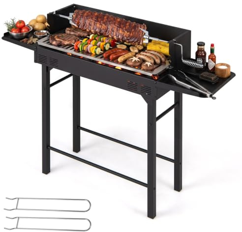 COSTWAY Barbacoa de Carbón, Rejilla de Altura Regulable, 120 x 32,5 x 90 cm | 2 Mesas Laterales, Espeto Giratorio, Protector Antiviento, Parrilla Barbacoa Rectangular para Camping, Picinic BBQ