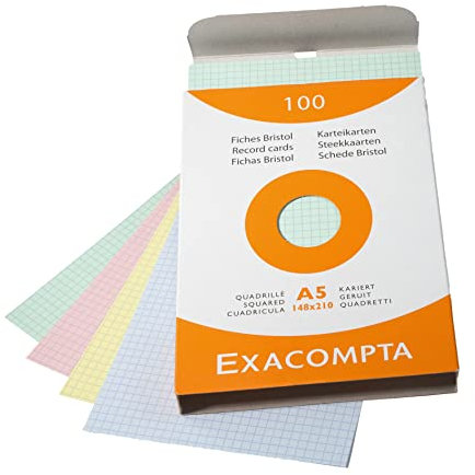 Exacompta 13378E Karteikarten (205q/qm Karton, holzfrei, DIN A5, kariert, ungelocht) 100er Pack gemischte Farben