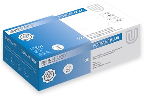 UNIGLOVES - FORMAT® Blau Einweghandschuhe aus Nitril | Lebensmittelecht, puderfrei & latexfrei | hohe Festigkeit & Haltbarkeit | 100 Stück | Einmalhandschuh L