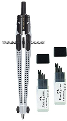 Faber-Castell 174472 - Set Schnellverstellzirkel Zirkel GRIP 2001, silber, mit 2 Päckchen Faber Castell Zirkelminen - 2x 6er Dose Minen