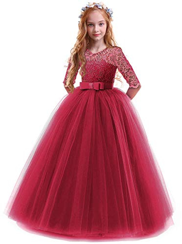 IBTOM Castle Kleid für kleine große Mädchen, Vintage-Stil, Blumenmuster, Spitze, bodenlang, Party, Herbst, Abend, formelle Brautjungfer, Abschlussball, Tanzkleid, Bordeaux, 5-6 Jahre