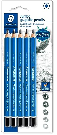 STAEDTLER Jumbo-blyertspennor, Mars lumograph jumbo, sexkantsform, hög hållfasthet, 5 hårdhetsgrader, hög kvalitet tillverkad i Tyskland, blisterkort med 5 pennor, 100J-S BK5