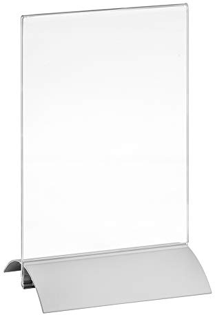 Doppelseitiger Tischaufsteller DIN A6 Hoch mit Aluminiumfuß Werbeaufsteller | Senkrechte Acrylglastasche, einfacher Blattwechsel, modern, schlicht, haltbar, leicht, glaskare Optik, glänzende Kanten edel