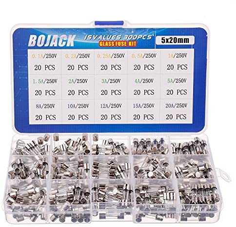 BOJACK 15 Values 300pcs Fast-blow Glass Fuses Assortment Kit 5x20mm 250V 0.1 0.2 0.25 0.5 1 1.5 2 3 4 5 8 10 12 15 20A packag in a clear plastic box