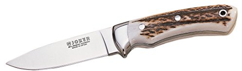 Joker Jagdmesser Pantera CC16, 9,5 cm MOVA-Klinge, Hirschhorngriff, Gürtelmesser mit brauner Lederscheide, Werkzeug zum Angeln, Jagen, Camping und Wandern
