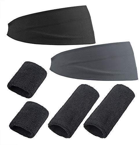 6er-Set, Stirnband und Armband, SourceTon-Schweißband (schwarz und grau) und 2 Paar Armband (2 Zoll und 6 Zoll) für Männer und Frauen, Tennis, Basketball, Laufen, Training