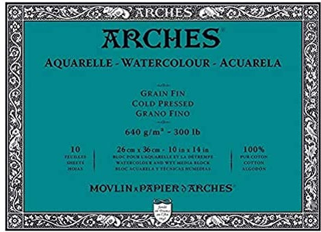 ARCHES Aquarelle – Block 10 Blatt 26 x 36 cm, 4 Seiten – 640 g/m² – Körnung, satiniert, Naturweiß, 4 Kanten