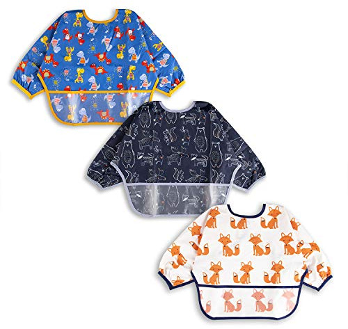 Long Sleeve Bibs For Babies 6-24 Months Full Coverage Shirt Bib for Baby Boys Girls Waterproof Smock Bibs with Sleeves Toddler Mess Free Bib for Eating with Pocket, 3 Pack