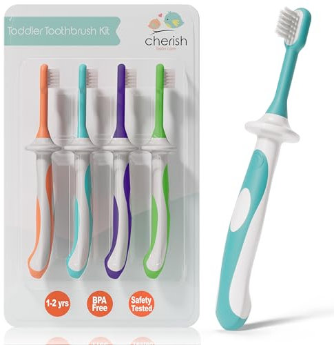 Cherish Baby Care Kids Toothbrush Set (4-Pack) - BPA-Free & Safety-Tested Kids Toothbrush for 1 Year Old, Designed by a Paediatric Dentist, Soft-Grip Toothbrush Kids 1-2 Years (Multi)