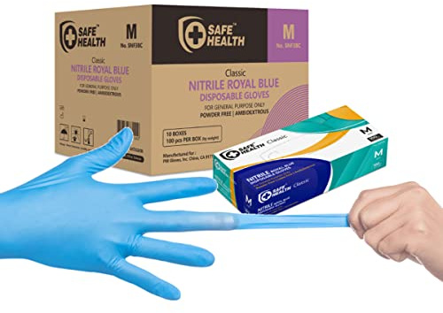 Safe Health Nitrile Disposable Gloves Medium Latex Free, Powder Free, Textured, 3.5 mil, Industrial, Food Safe, Janitorial, Tattoo, Law Enforcement, Pet Care, Service, Cleaning, M Blue (Case of 1000)