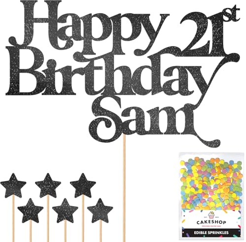Personalised Happy Birthday Glitter Cake Topper - Black Any Name & Any Age Glitter Cake Decoration and Sprinkles - Happy Birthday Decorations - Personalised Toppers for Cakes by Cakeshop
