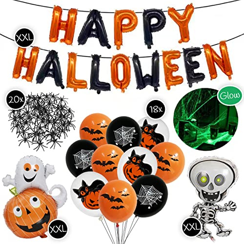 Hochwertiges Deko Set für Halloween zum Gruseln | „Happy Halloween“ Folienluftballons + 2 XXL Grusel-Folienluftballons + 18 Luftballons mit Motiven + 20 Plastik Spinnen Tischdeko + Leucht-Spinnennetz