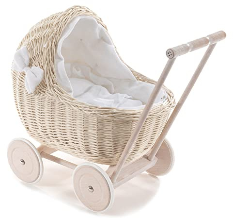 e-wicker24 DESAYER PUPPENWAGEN AUS WEIDE MIT LEINEN BETTWÄSCHE, Spielzeug AUS WEIDEN IN BEIGE, NATÜRLICHE KINDERSPIELZEUG, EIN Geschenk FUR EIN Kind (weiß), 48x28 H47