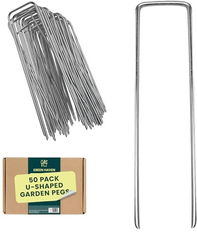 Green Haven Garden Pegs - Pack of 50 Heavy Duty Galvanised Garden Stakes, U-Shaped Weed Membrane Pegs, Galvanised Metal Stakes for Netting, Artificial Grass, Landscaping & Weed Barrier Fabric