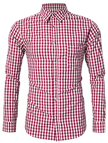 KOJOOIN Traditionell Skjorta Slim Fit Rutig Herrskjorta Fritidsskjorta Långärmad Skjorta Skjorta Broderad Bomull, för Oktoberfest, Karneval, Affärer, Fritid Röd-upgrade L