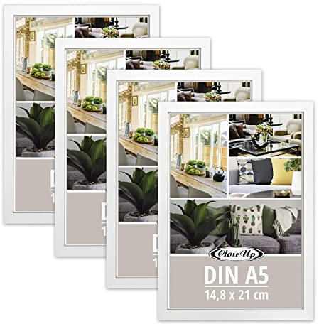 Close Up Bilderrahmen 4er Set DIN A5 (14,8 x 21 cm) | Holzdekor (MDF) weiß mit Rückwand und Aufsteller | PVC-Scheibe (unzerbrechlich) Profilbreite 15 mm